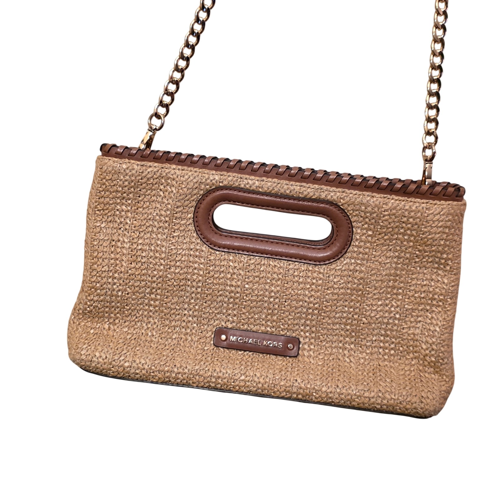 Michael Kors Woven Straw Crossbody Bag Brown Leather Trim Gold Chain Clutch